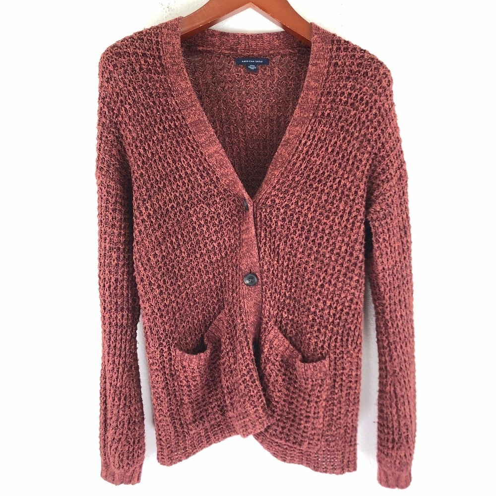 Dark Academia Cozy Boho American Eagle Women Button Cardigan Burgundy Rust Small